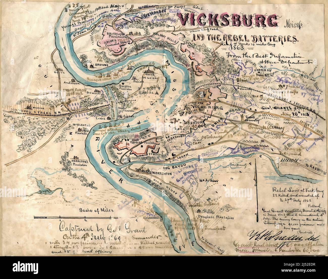 1863 mappa a colori delle batterie confederate a Vicksburg, Mississippi, durante la guerra civile americana. Acquerello e penna-e-inchiostro di Robert Knox Sneden. Foto Stock