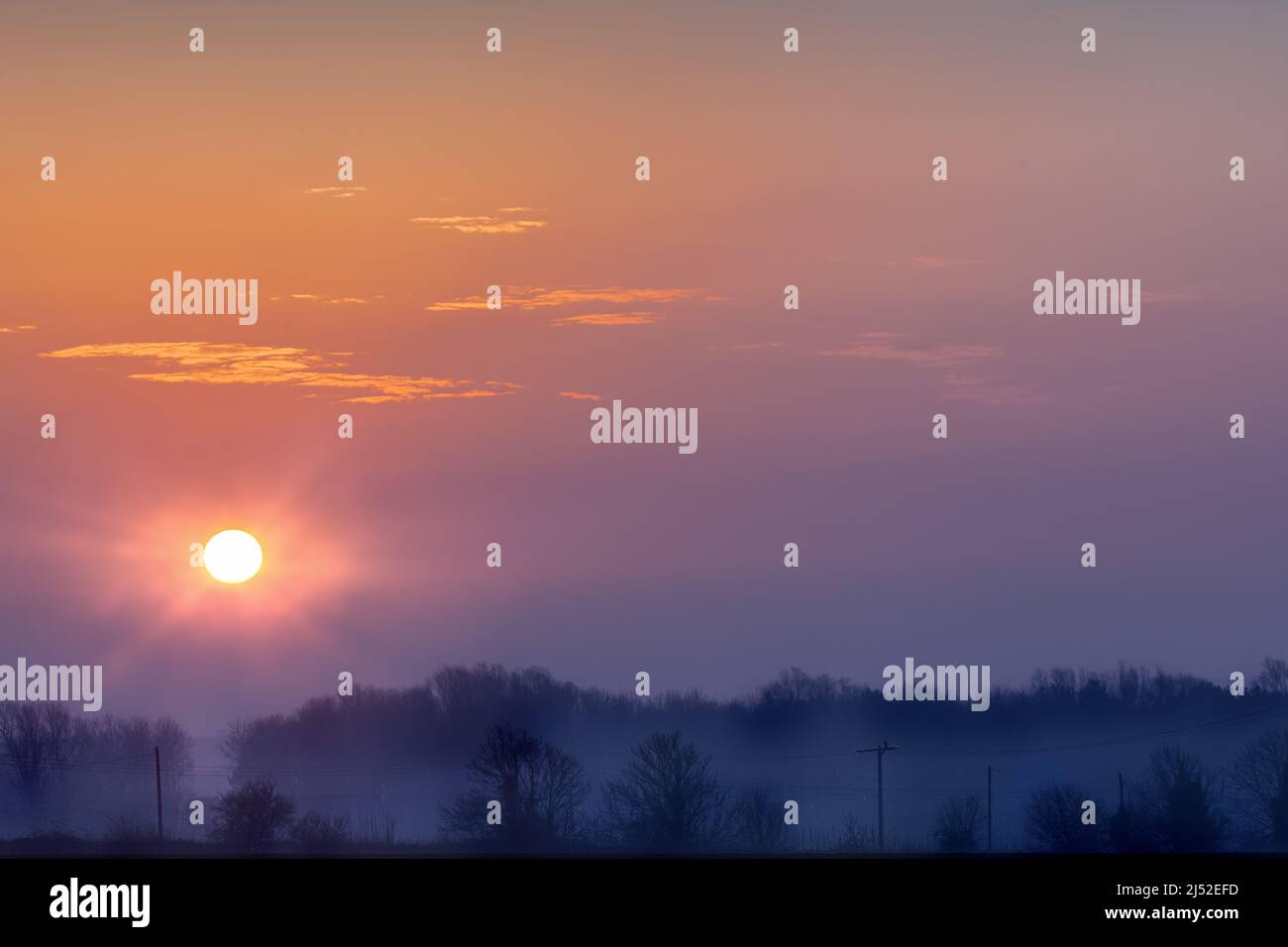 Bellissima alba su paesaggio rurale con alberi nebbi freddi e cieli arancioni Foto Stock