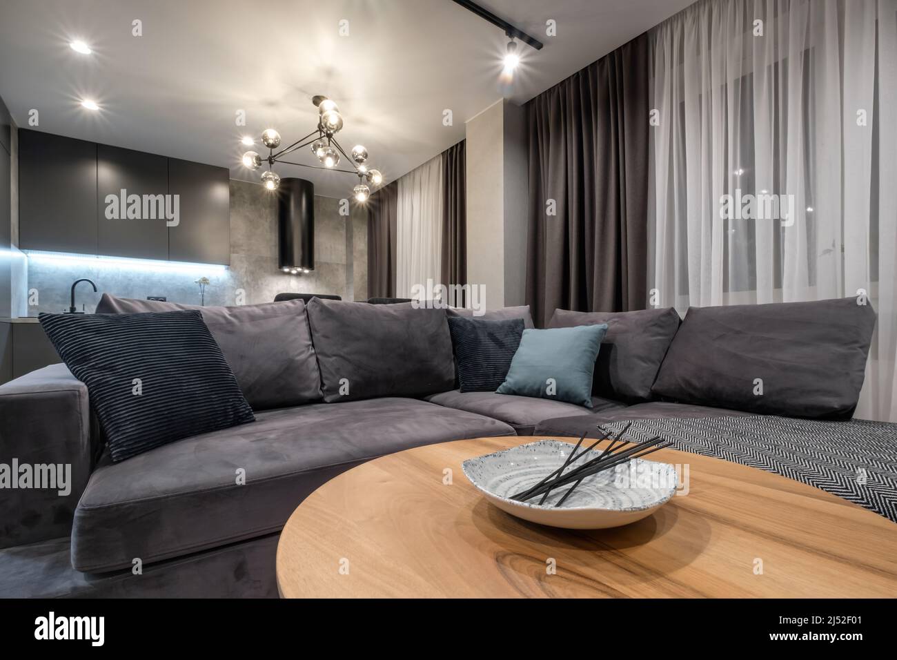 interno di costoso soggiorno in monolocali o appartamento con divano Foto Stock