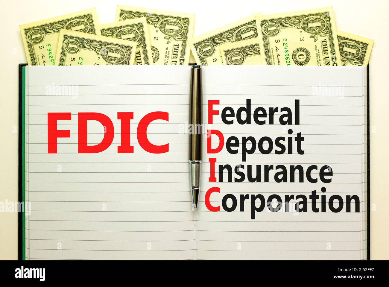 FDIC Federal Deposal Insurance Corporation simbolo. Concetto parole FDIC società federale di assicurazione dei depositi sul libro su sfondo bianco. FDIC aziendale Foto Stock