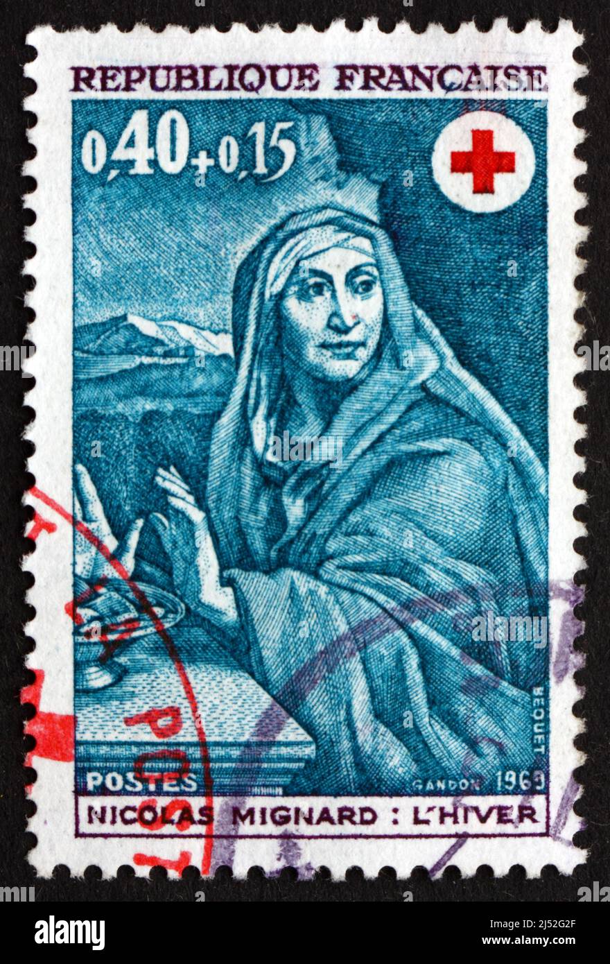 FRANCIA - CIRCA 1969: Un francobollo stampato in Francia mostra Inverno, Pittura di Nicolas Mignard, circa 1969 Foto Stock