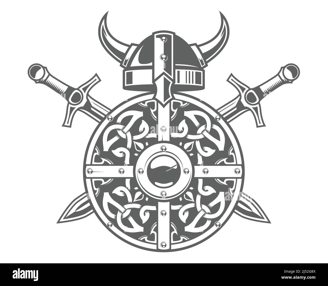 Scudo vichingo rotondo con motivo celtico e casco cornato, stemma barbaro con due spade incrociate, emblema vichingo scandinavo, vettore Illustrazione Vettoriale