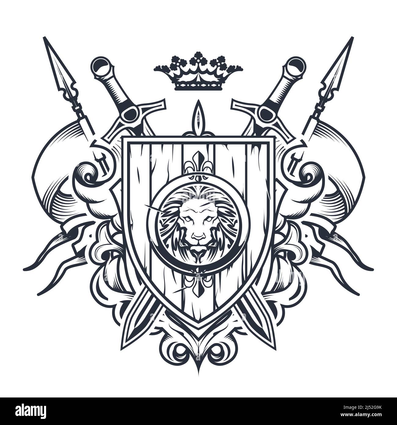 Sontuoso stemma con vecchio scudo di legno, spade e corona, cresta del cavaliere, emblema araldico o blazon reale, vettore Illustrazione Vettoriale