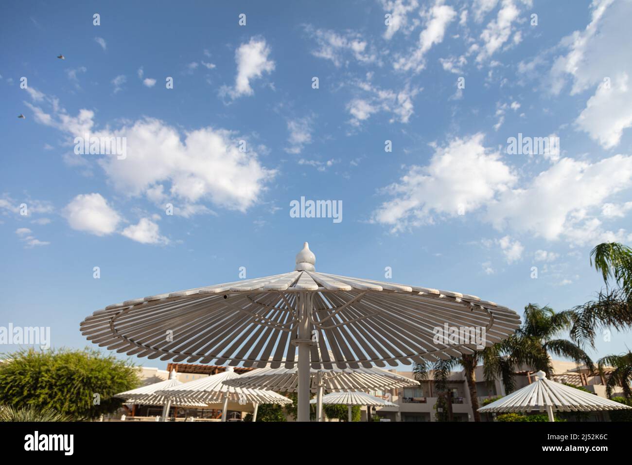 Hurghada, Egitto - 1 ottobre 2019: Ombrelloni e lettini da mare vicino alla piscina in Jaz Casa del Mar Resort a Hurghada, Egitto Foto Stock