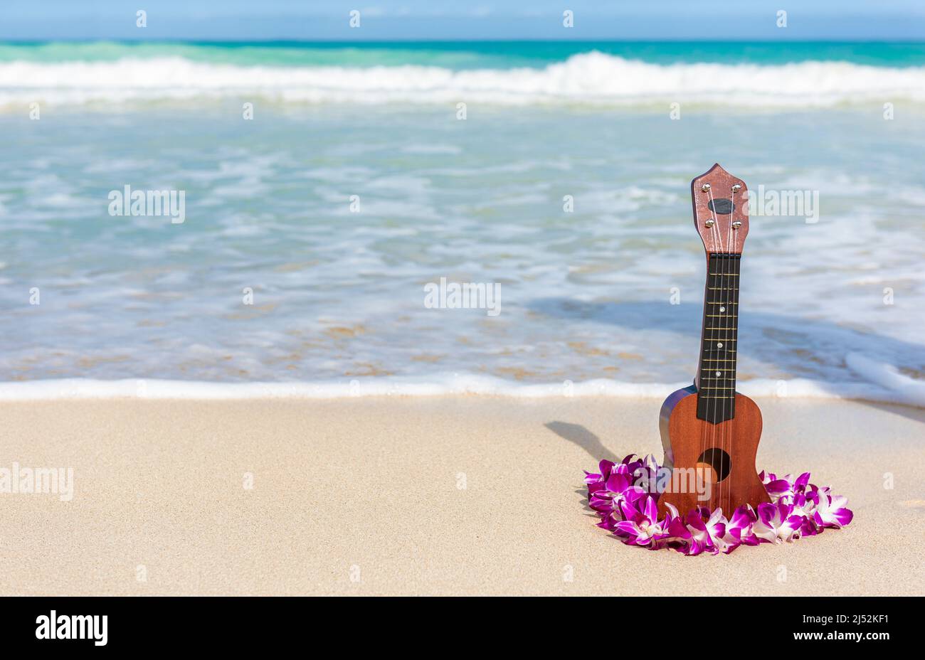 Ukulele e collana di fiori lei sulla spiaggia delle Hawaii. Icone di viaggio hawaiane per turismo vacanza sfondo Foto Stock