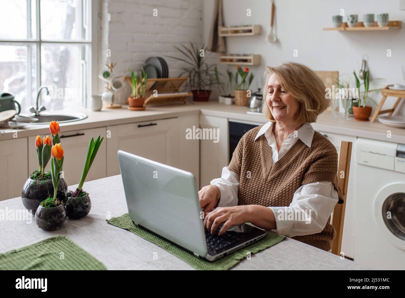 Donna anziana allegra che controlla le informazioni sul portatile in linea, videochiamata ai bambini o agli amici, occupato che lavora al calcolatore. Persone anziane e tecnologia Foto Stock