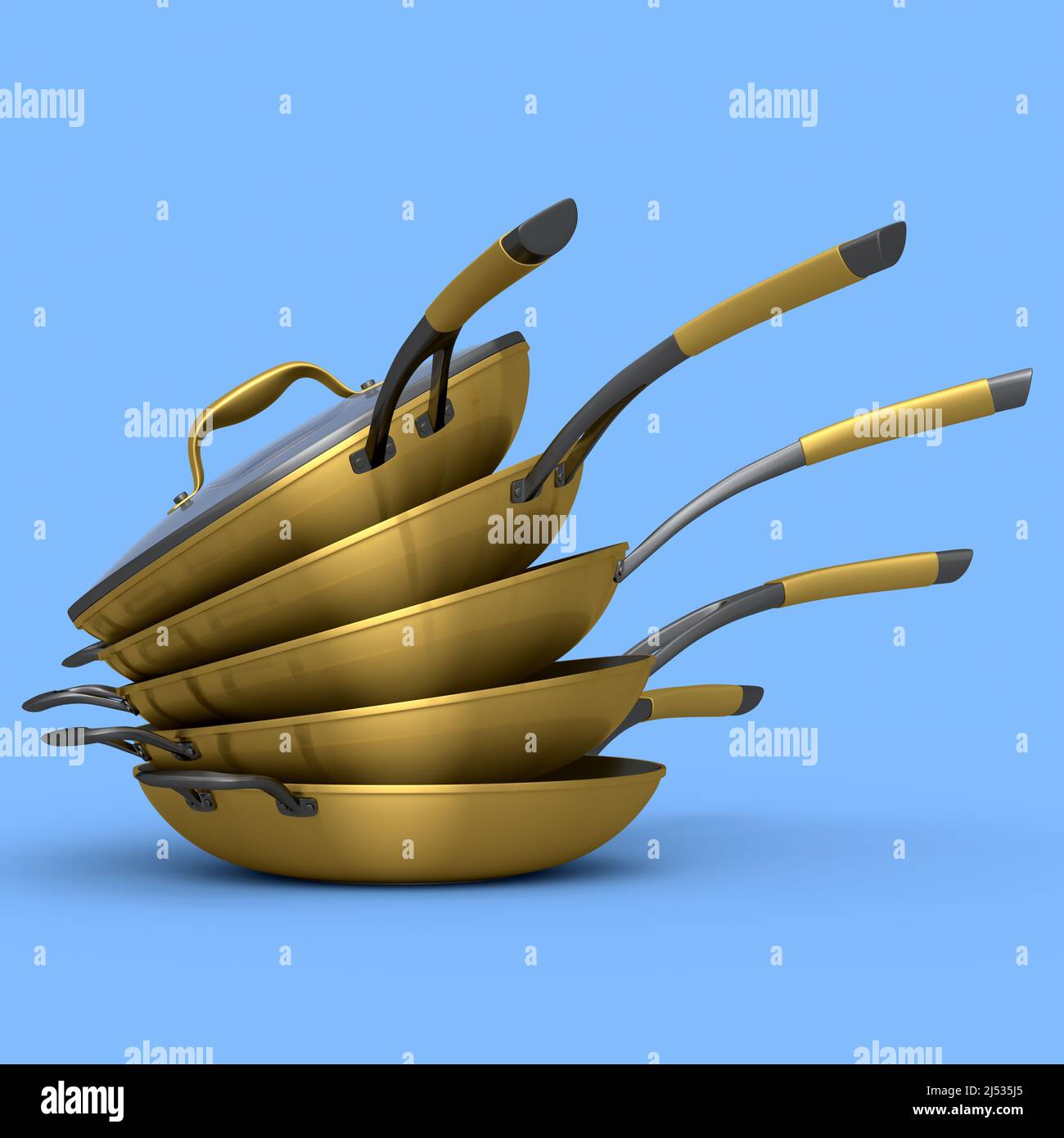 Impilare la padella con il coperchio di vetro su sfondo blu. 3d resa degli utensili da cucina antiaderenti Foto Stock