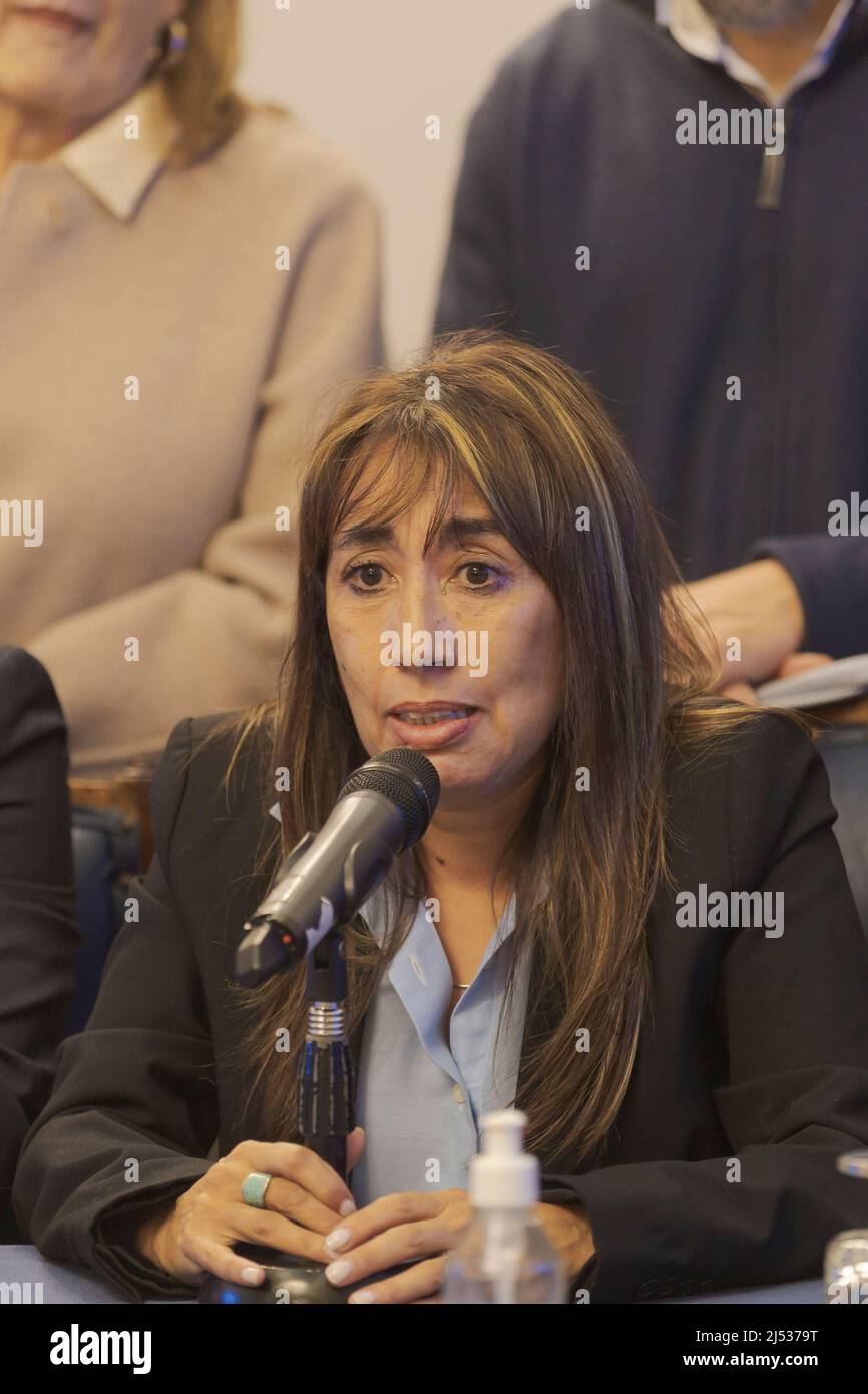 Buenos Aires, Argentina, 19th aprile 2022. Consiglio della Magistratura: La coalizione politica Juntos por el Cambio (JXC) in una conferenza stampa del Congresso Nazionale ha avvertito che andrà in tribunale e in giudizio il Presidente del Senato Cristina Kirchner e il presidente della Camera dei deputati Sergio massa se non nominano il Vice Nazionale Roxana Reyes del Union Cívica Radical (UCR) e il senatore Luis Juez della Propuesta Republicana (Pro) come consiglieri secondo la sentenza della Corte Suprema. Dichiarazione del sostituto nazionale Roxana Reyes (Credit: Esteban Osorio/Alamy Live New) Foto Stock