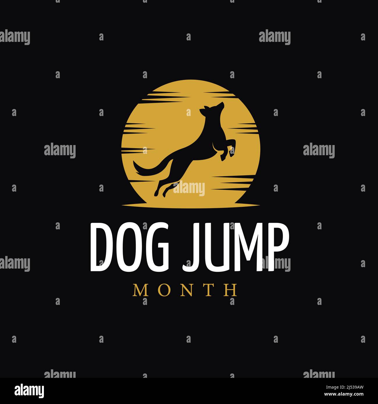 Logo design con silhouette di cane che salta su sfondo lunare luminoso, simbolo, icona, modello di design Illustrazione Vettoriale