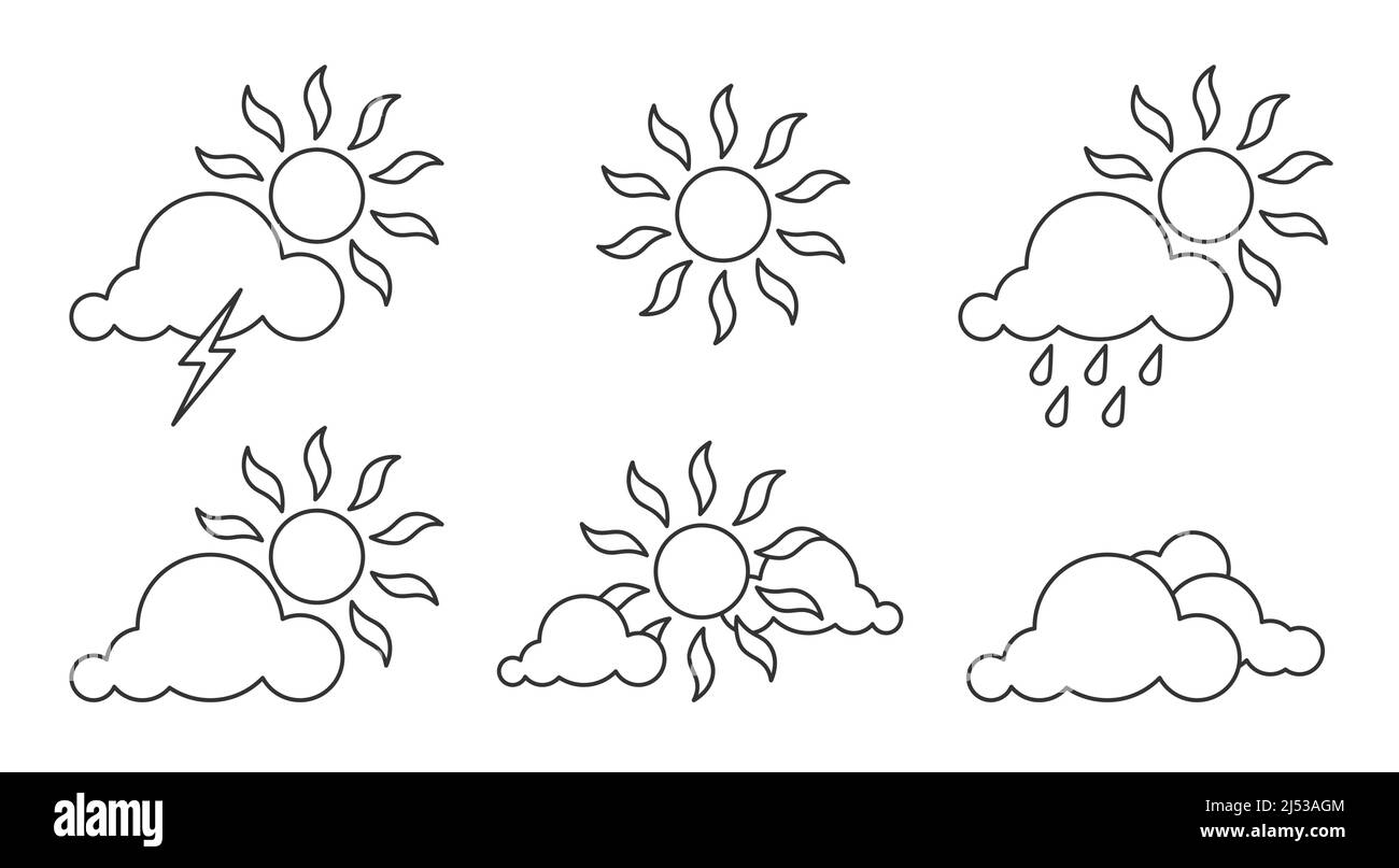 Set linea nera meteorologia elemento meteorologico solare. Custom meteorologia sito oggetto caldo freddo clima soleggiato piovoso. Sun cloud pioggia fulmine vuoto modello adesivo colorazione cornice mobile app isolato Illustrazione Vettoriale