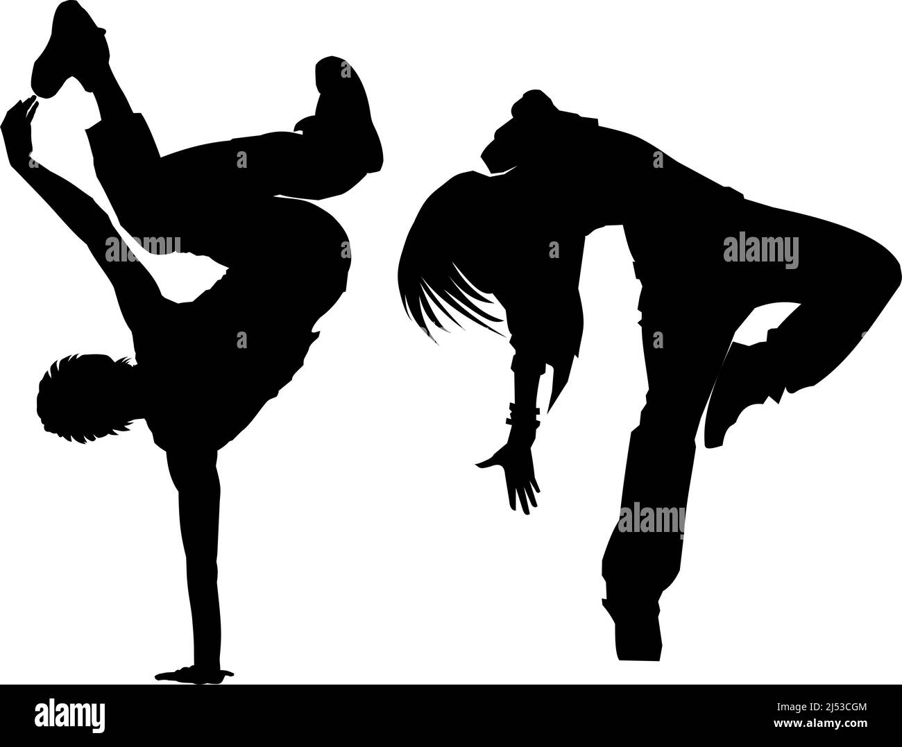 silhouette grafiche nere di un ragazzo che balla e di una ragazza sul bianco Foto Stock
