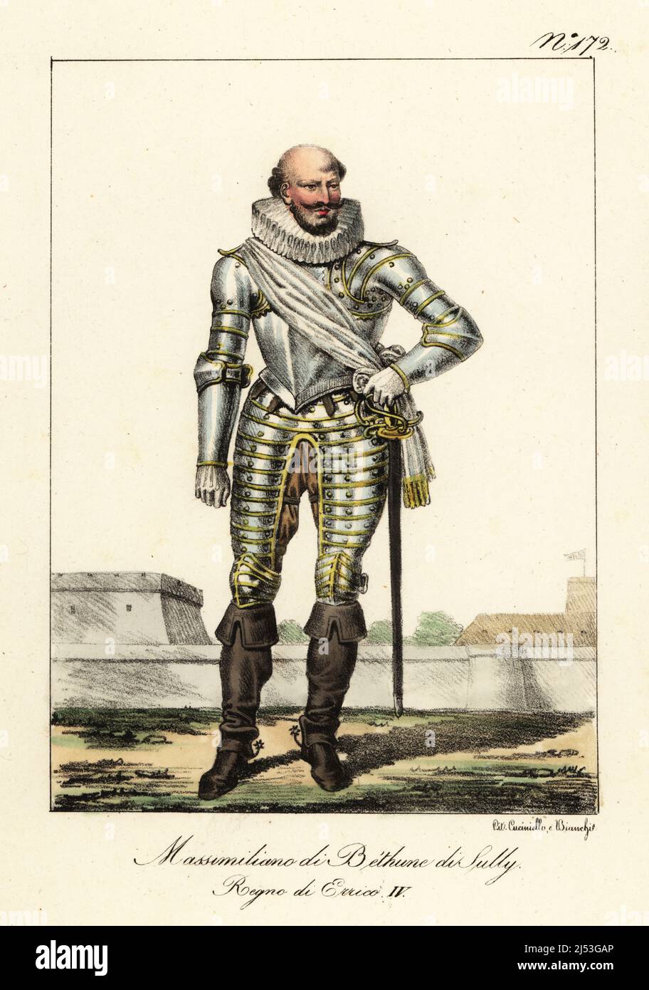 Maximilien de Béthune, 1560-1641, 1st duca di Sully, marchese di Rosny e Nogent, conte di Muret e Villebon, visconte di Meaux, nobile francese, soldato, statista, E consigliere a re Enrico IV. In colletto di ruff, tuta di armatura piatto, stivali, spuri, spada. Maximilien de Bethune, Duc de Sully. Regne de Enrico IV. Litografia a mano di Lorenzo Bianchi e Domenico Cuciniello dopo Ippolite Lecomte di Costumi civili e militanti della monarchia francese dal 1200 al 1820, Napoli, 1825. Edizione italiana dei costumi civili e militari della monarchia francese di Lecomte dal 1200 al 1820. Foto Stock