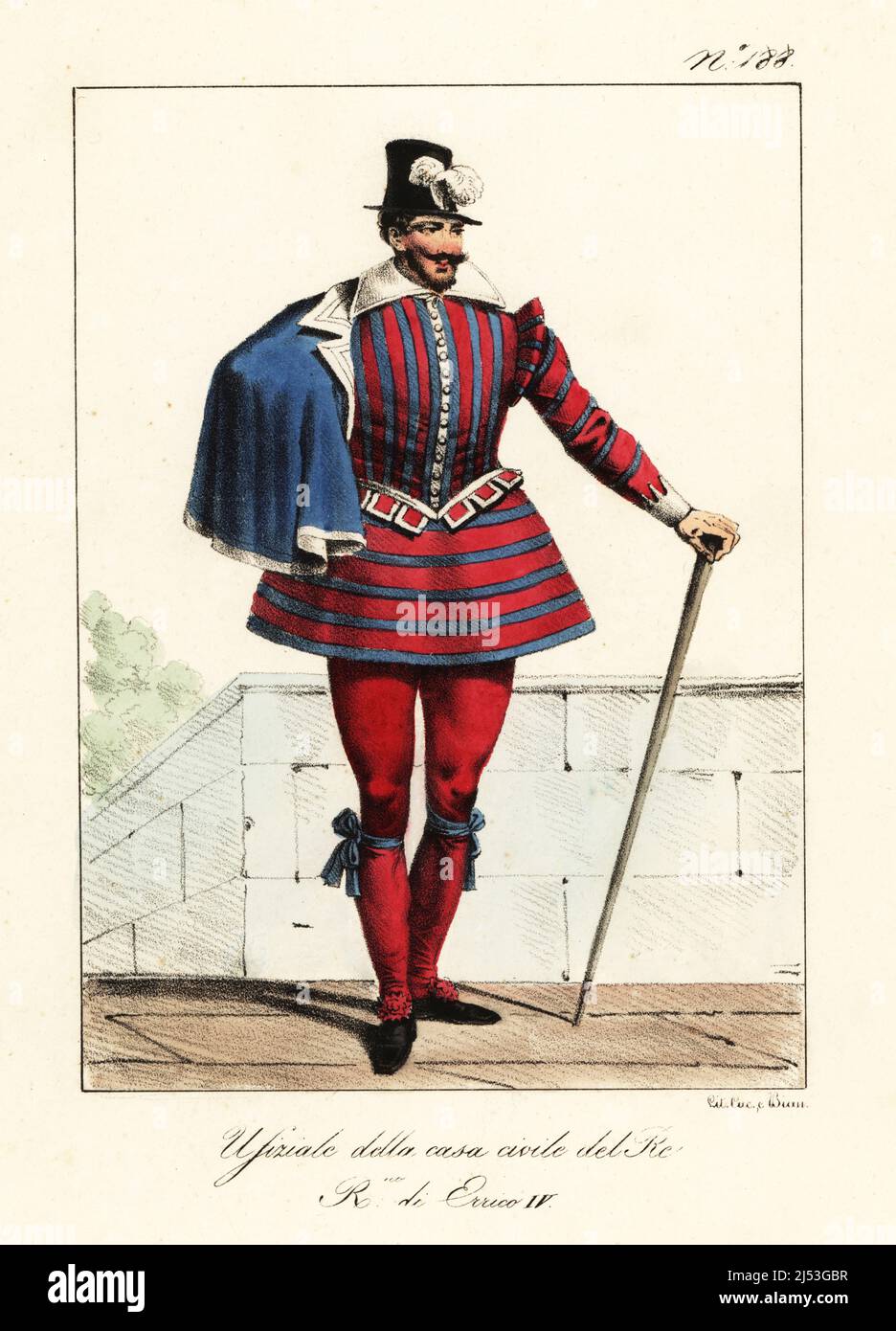 Ufficiale della Casa del Re, durante il regno di Enrico IV, 1589-1610. In cappello in plumed, mantello corto, doppietto a righe, manichetta, garter e scarpe. Officier de la Maison Civile du Roi. Regne de Enrico IV. Litografia a mano di Lorenzo Bianchi e Domenico Cuciniello dopo Ippolite Lecomte di Costumi civili e militanti della monarchia francese dal 1200 al 1820, Napoli, 1825. Edizione italiana dei costumi civili e militari della monarchia francese di Lecomte dal 1200 al 1820. Foto Stock