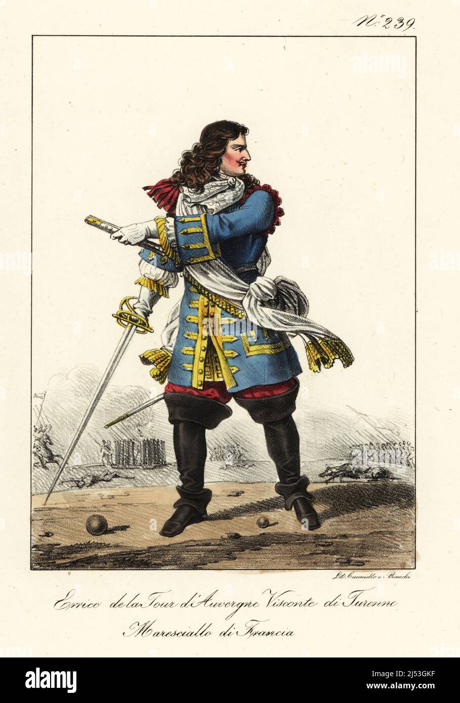 Henri de la Tour d'Auvergne, vicomte de Turenne, 1611-1675, generale francese e poi maresciallo generale di Francia. In cappotto blu, con epaulette rosse e brogratura d'oro, sash bianco, braghe, stivali da cavalleria, con spada. Con la spada disegnata su un campo di battaglia. Marechal de France. Litografia a mano di Lorenzo Bianchi e Domenico Cuciniello dopo Ippolite Lecomte di Costumi civili e militanti della monarchia francese dal 1200 al 1820, Napoli, 1825. Edizione italiana dei costumi civili e militari della monarchia francese di Lecomte dal 1200 al 1820. Foto Stock