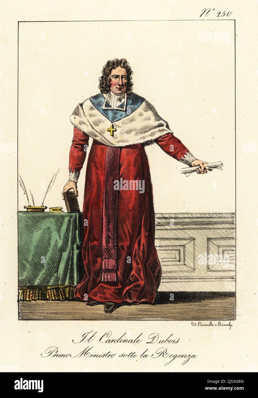 Guillaume Dubois, 1656-1723, cardinale e statista francese, primo ministro durante la reggenza di Philippe II, Duca di Orleans, 1715-1723. Le Cardinal Dubois, Premier Ministre sous la Regence. Litografia a mano di Lorenzo Bianchi e Domenico Cuciniello dopo Ippolite Lecomte di Costumi civili e militanti della monarchia francese dal 1200 al 1820, Napoli, 1825. Edizione italiana dei costumi civili e militari della monarchia francese di Lecomte dal 1200 al 1820. Foto Stock