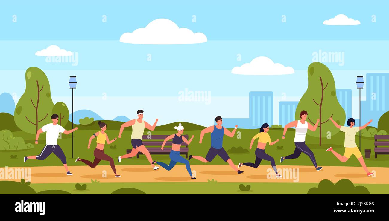 Maratona. Cartoon persone che corrono in gara nel parco, persone su esercizi sportivi. Illustrazione della concorrenza attiva del vettore Illustrazione Vettoriale
