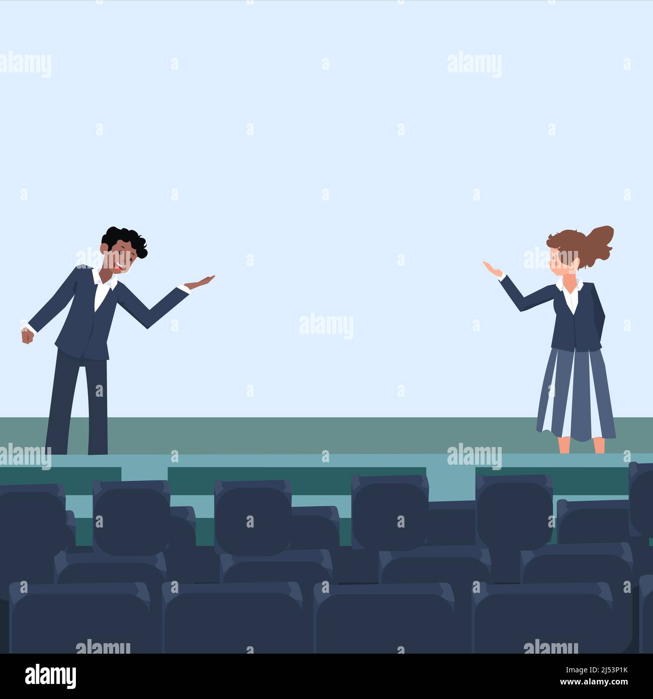 I leader aziendali professionisti che indossano un abbigliamento formale parlano. Modello di ruolo colleghi fase di orientamento di lingua pubblica. Discussione maschile e femminile Illustrazione Vettoriale