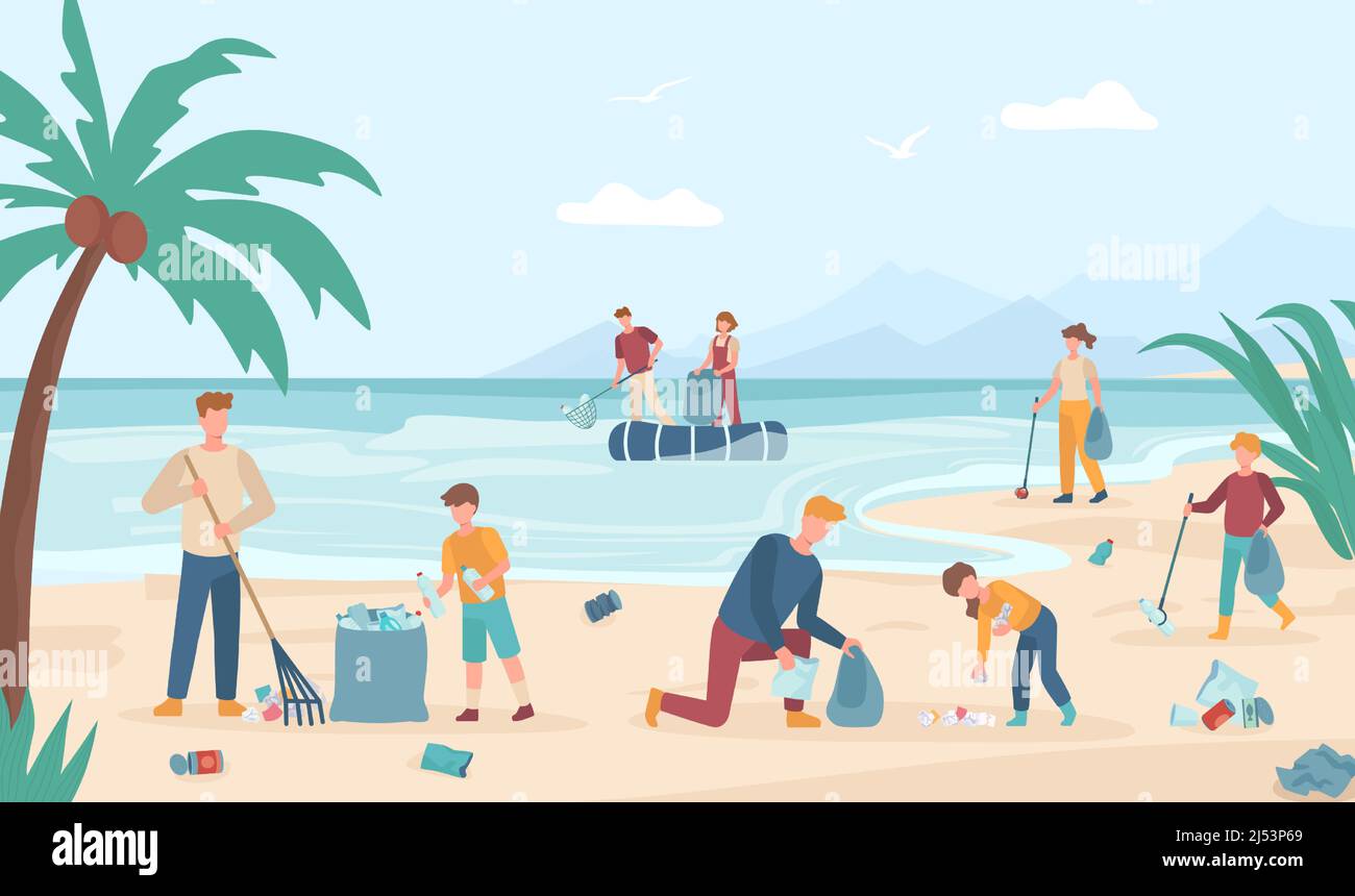 Volontari pulizia spiaggia, raccogliere rifiuti sulla costa. Pulizia da immondizia e inquinamento, mantenere l'ambiente costa da volontario, illustrazione vettoriale Illustrazione Vettoriale
