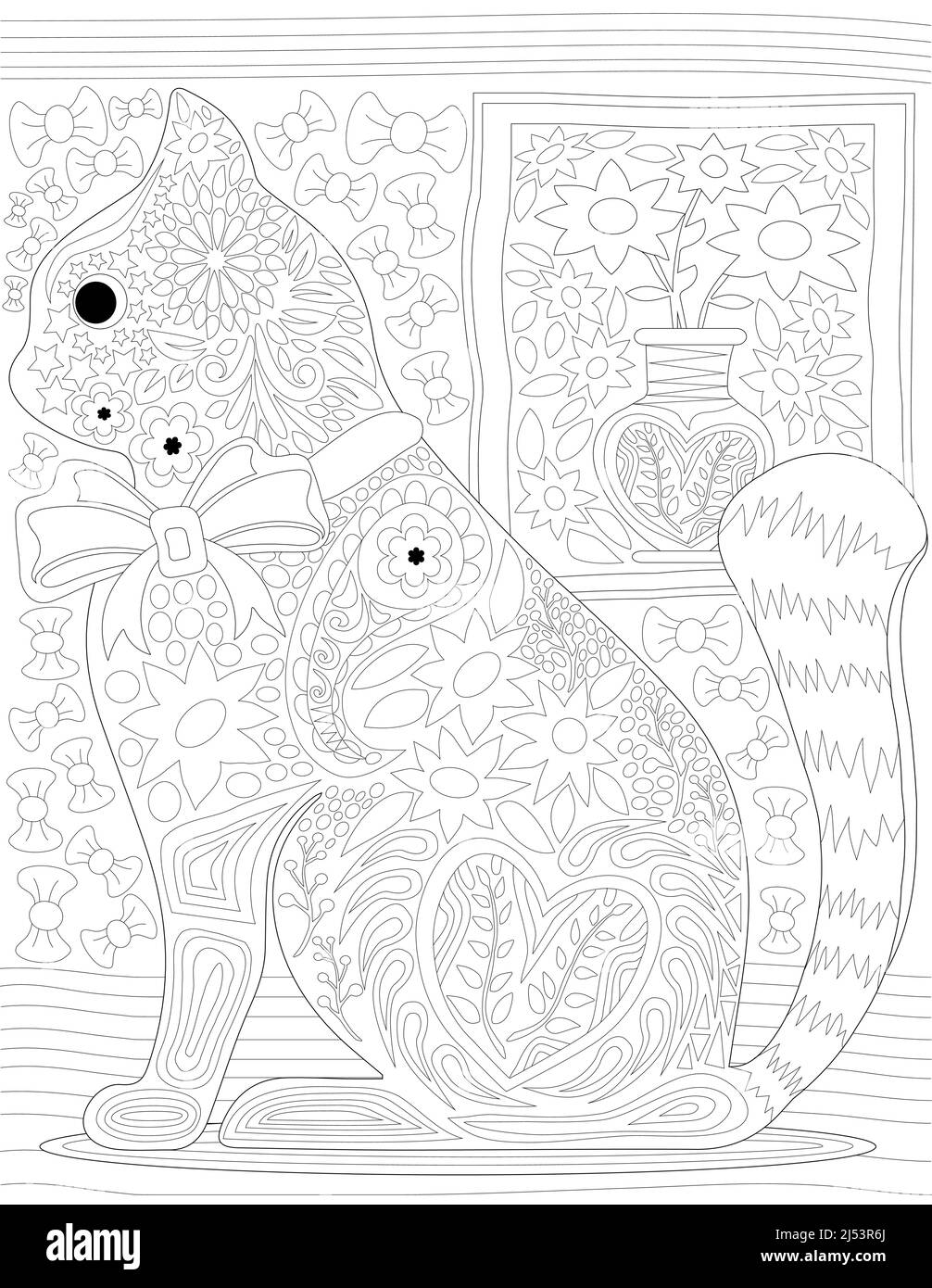 Astratto vettore linea disegno casa gatto indossando arco seduta pavimento floreale immagine sfondo. Immagine linearit digitale animale felino con collare a nastro Illustrazione Vettoriale