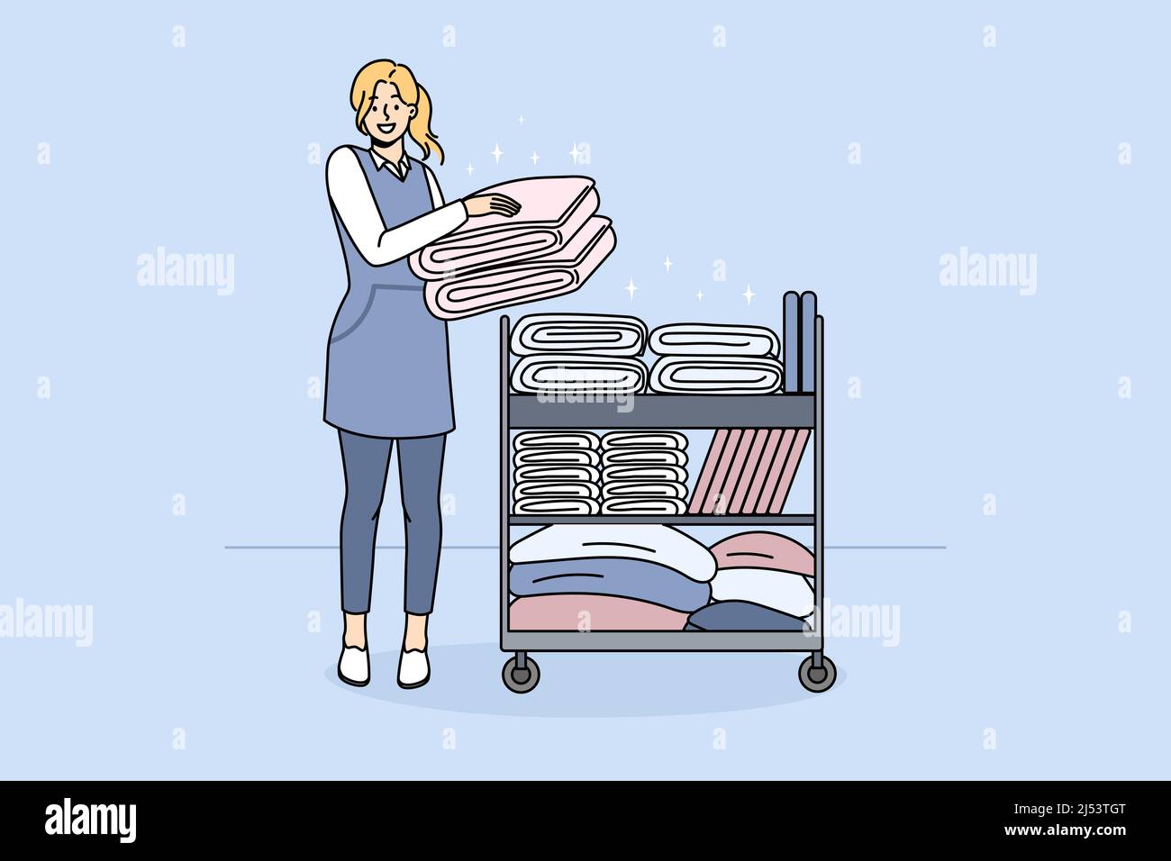 Donna sorridente governante con carrello con asciugamani puliti lavoro in hotel o ostello. La cameriera felice fornisce un servizio di pulizia di buona qualità o di lavanderia. Lavaggio a secco. Illustrazione vettoriale. Illustrazione Vettoriale