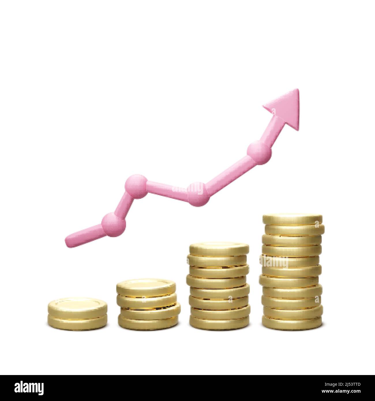 Le monete d'oro si accumulano con 3D frecce. Icona del grafico della strategia aziendale di successo. Illustrazione vettoriale Illustrazione Vettoriale