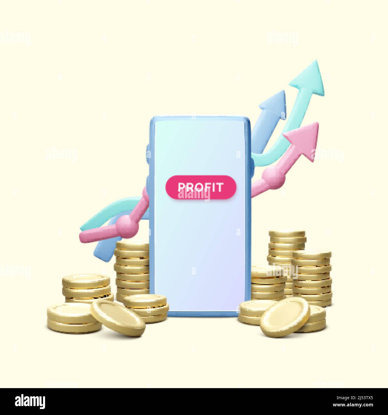 Gestione del denaro utilizzare il telefono cellulare o l'applicazione. Concetto di commercio di investimenti finanziari. Depositi bancari e utili finanziari o investimenti. 3D illustratio vettoriale Illustrazione Vettoriale