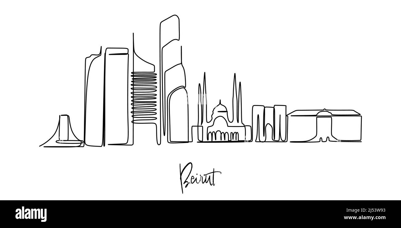 Disegno continuo dello skyline di Beirut Libano su sfondo bianco. Illustrazione vettoriale. Concetto di viaggio d'affari e turismo con edificio moderno. Illustrazione Vettoriale