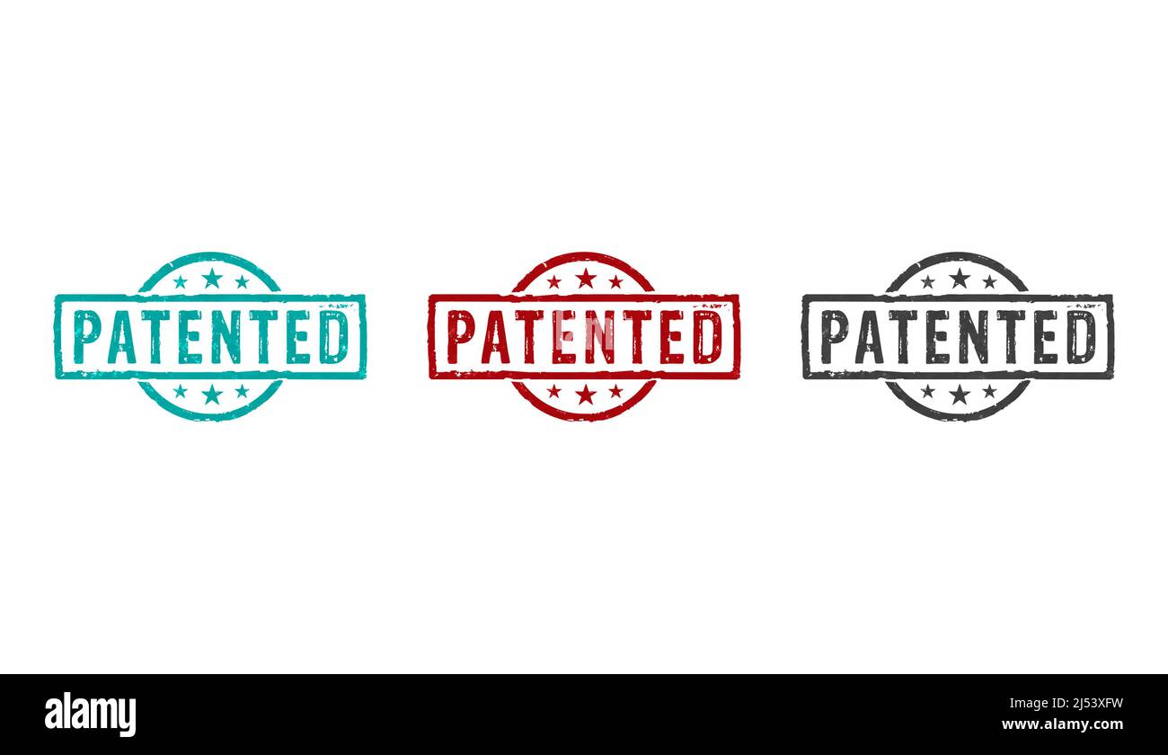 Icone di timbro brevettate in poche versioni a colori. Brevetto in corso, riservato, copyright e protezione della proprietà intellettuale Concept 3D rendering Illustrat Foto Stock