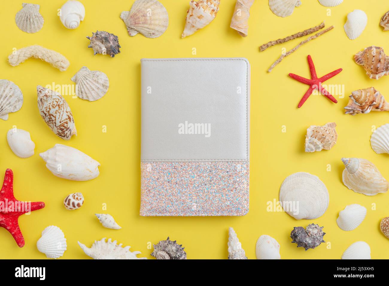 Notebook decorativo sul tavolo circondato da conchiglie e stelle marine con spazio libero per promuovere il logo o il testo Foto Stock