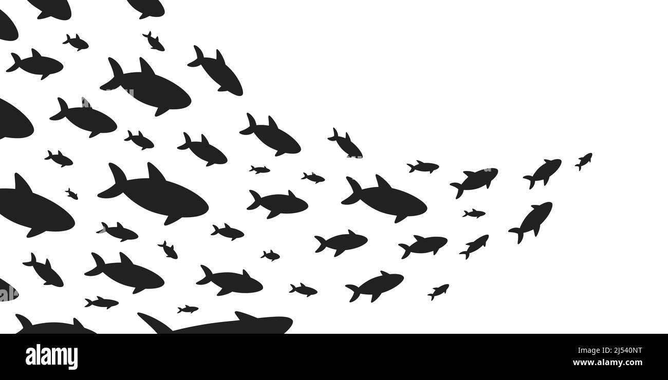 Sagome scuola di pesce con vita marina di varie dimensioni pesci nuoto piatto stile disegno vettoriale illustrazione. Colonia di grandi e piccoli animali marini. Illustrazione Vettoriale