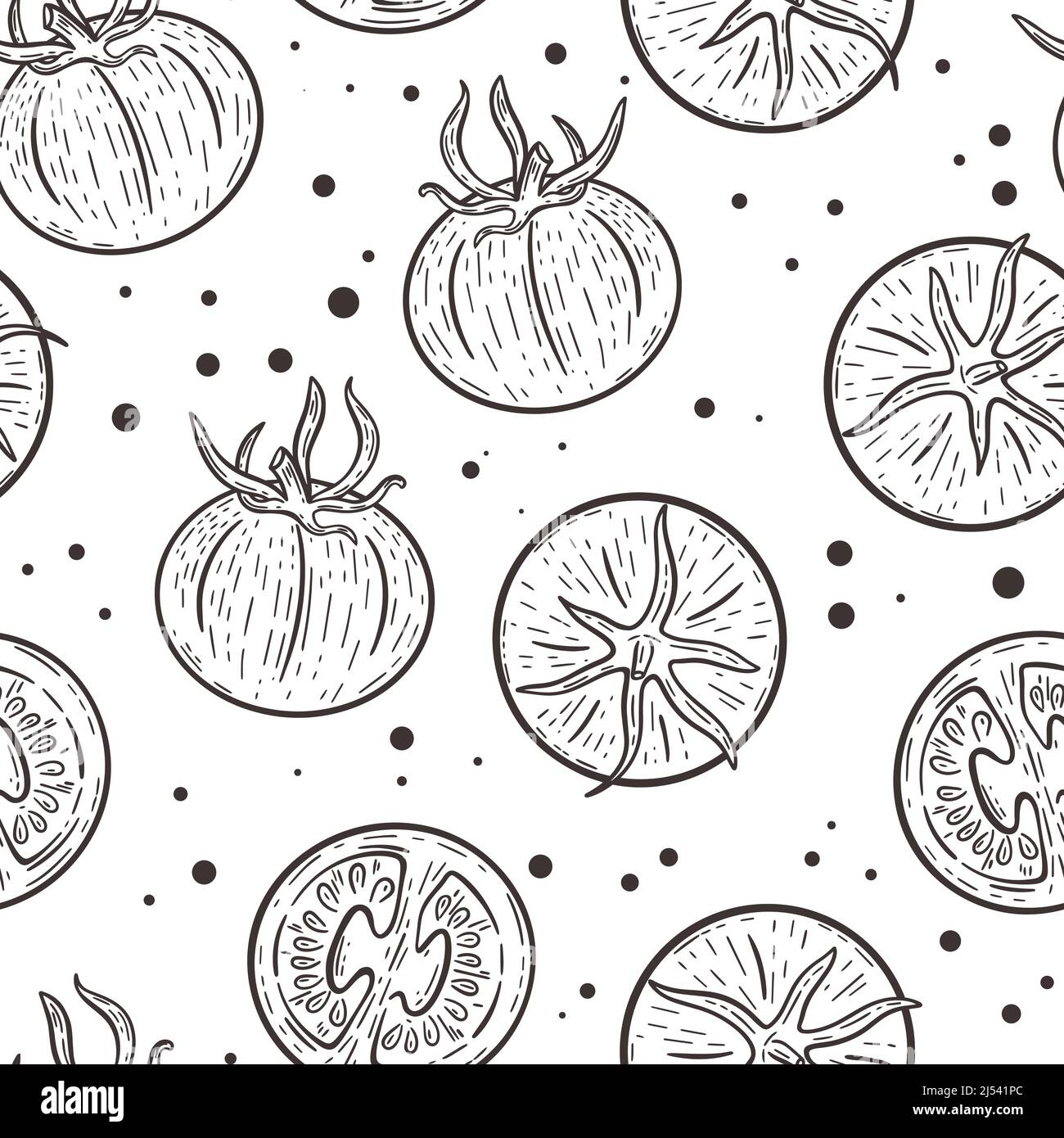 Pomodori incisione disegnata a mano senza cuciture motivo vintage vettoriale nero illustrazione Illustrazione Vettoriale