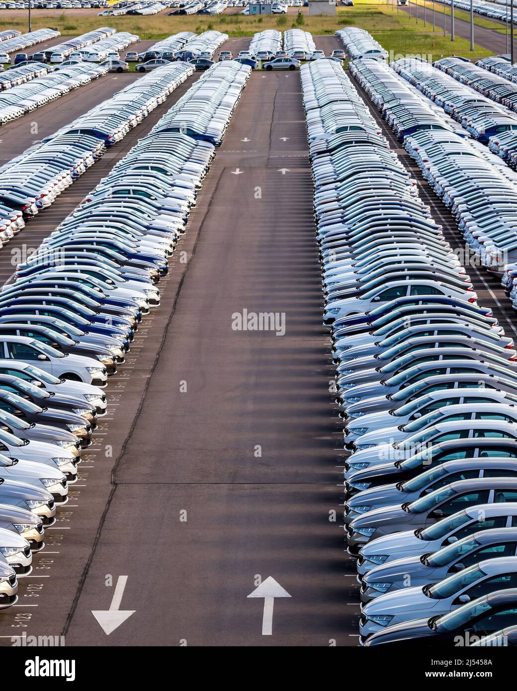 File di auto nuove parcheggiate in un centro di distribuzione su un parcheggio di una fabbrica di automobili. Foto Stock