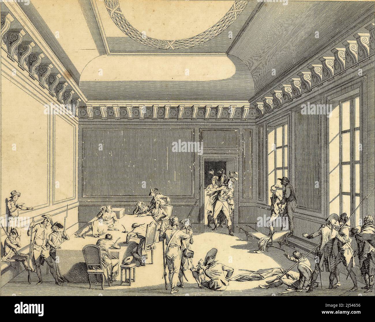 Berthault, Pierre-Gabriel- 1794 - durante la sessione del luglio 27 alla Convenzione, Robespierre e i suoi sostenitori sono stati accusati e arrestati dai Termidoriani. Liberati dal comune, si rifugiarono all'Hôtel-de-Ville, ma furono arrestati la mattina successiva dalle truppe inviate dalla Convenzione. È in questo momento che si svolge l'episodio del colpo sparato da Constable Merda a Robespierre, la versione più spesso illustrata. L'altra versione è quella del suicidio. La stessa sera è stato ghigliottinato con i suoi sostenitori, senza processo. Foto Stock