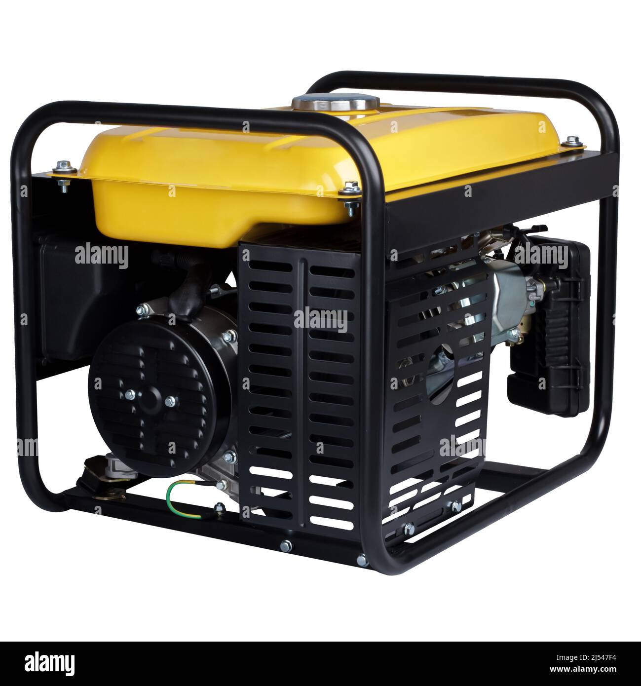 Generatore elettrico a benzina giallo, alternatore elettrico a corrente alternata, isolato su bianco. Foto Stock