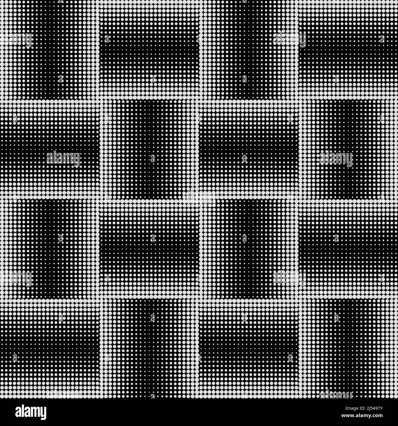 Grafica vettoriale monocromatica astratta con effetto di transizione digitale. Modello futuristico in stile brutalista costruito con forme geometriche distorte. Illustrazione Vettoriale