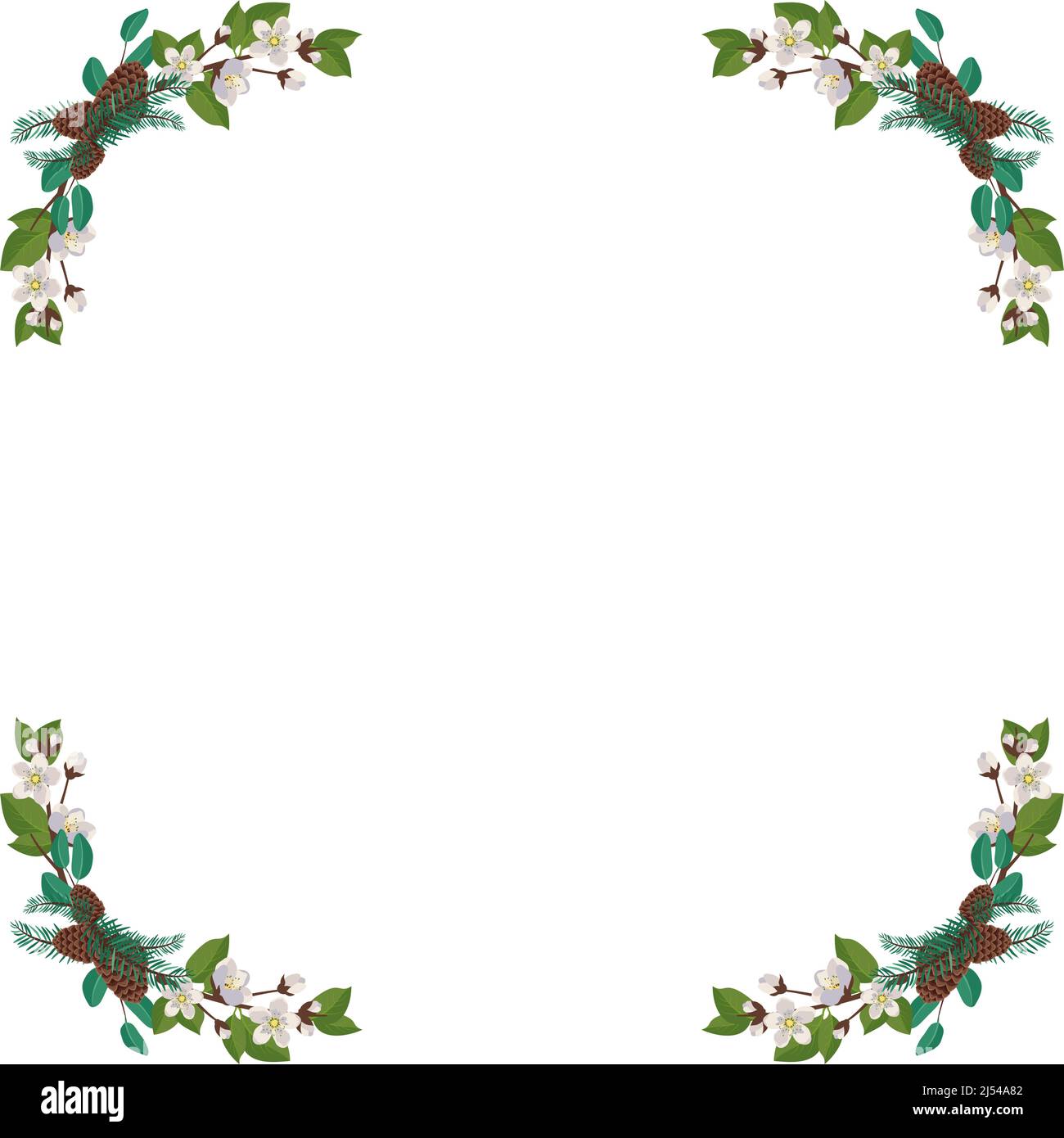 Cornice di fiori bianchi di ciliegia o mela con aghi e coni di abete rosso. Composizione primaverile fiorente con foglie. Decorazione festiva per matrimonio, vacanza e cartolina. Illustrazione piatta vettoriale Illustrazione Vettoriale