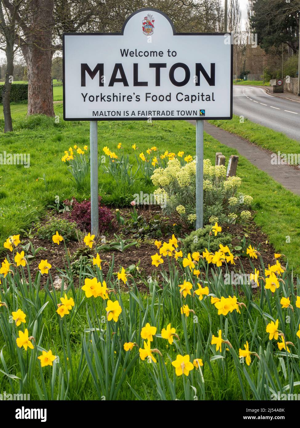 Benvenuto a Malton Yorkshires Food Capital segno su Old Maltongate Malton North Yorkshire Inghilterra Foto Stock
