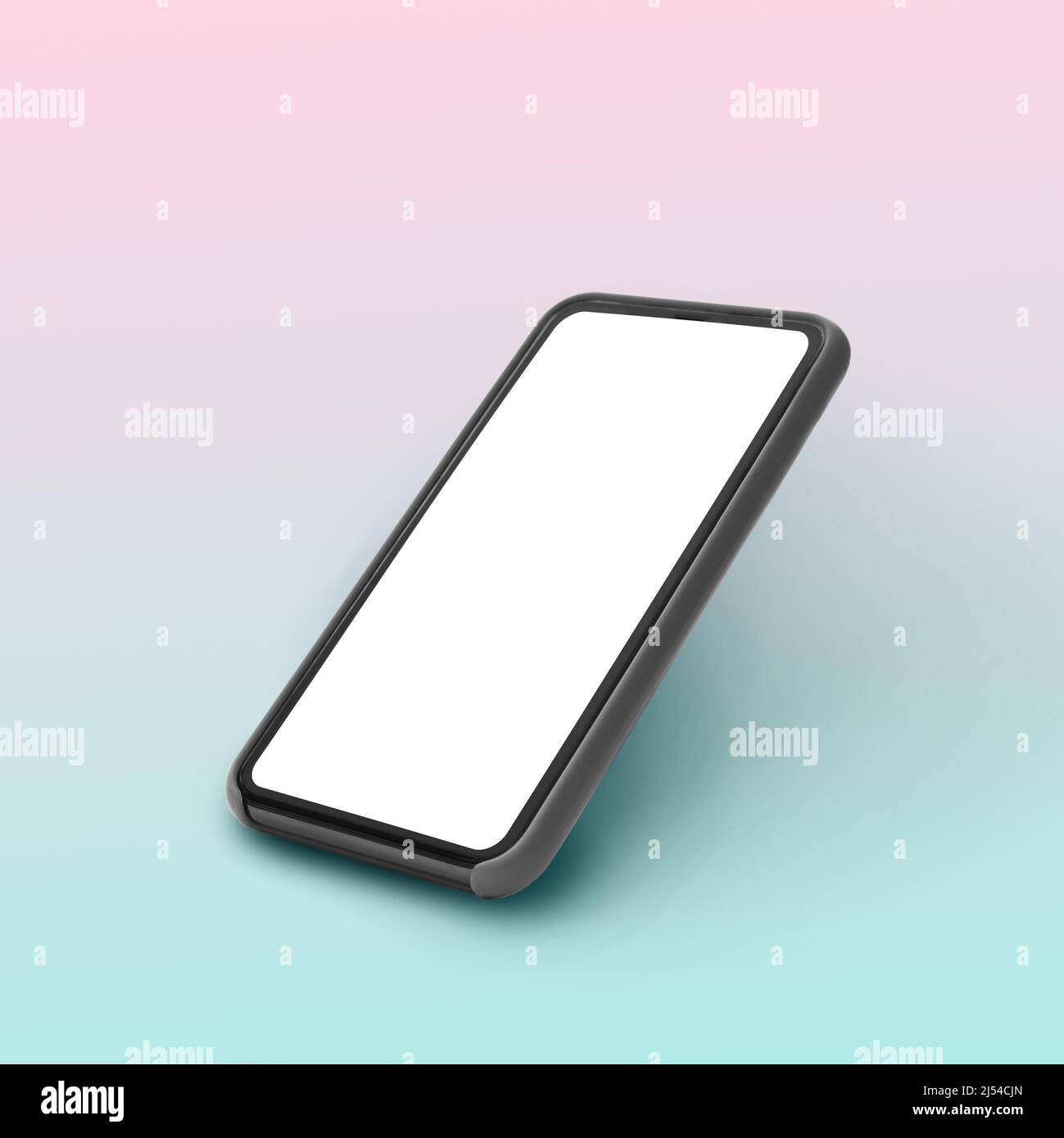 Telefono cellulare con schermo vuoto sullo sfondo di Neon Studio, quadrato Foto Stock