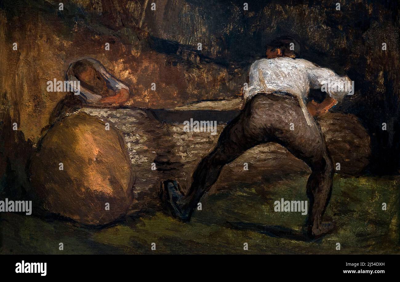 Le seghe di legno in una foresta francese, Les Bucherons, Bucherons dans une foret francaise, Scieurs de bois dans une foret, Jean-Francois Millet, circa 18 Foto Stock