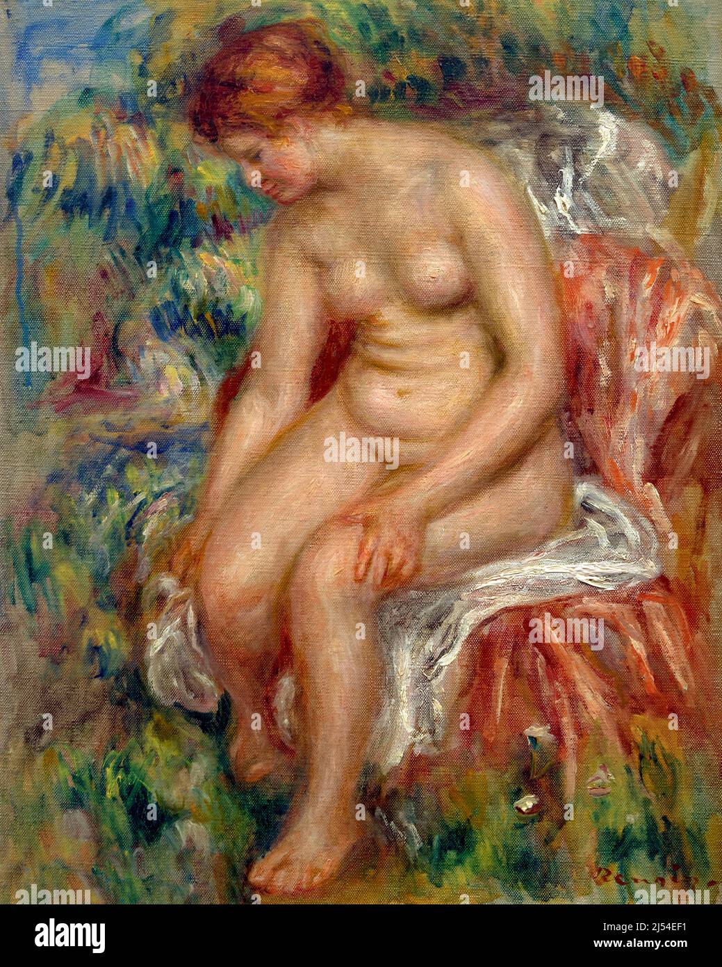 Bagno seduto asciugare la gamba, Baigneuse assise s'essuyant une jambe, Pierre-Auguste Renoir, circa 1914, Musee de l'Orangerie, Parigi, Francia, Europa Foto Stock