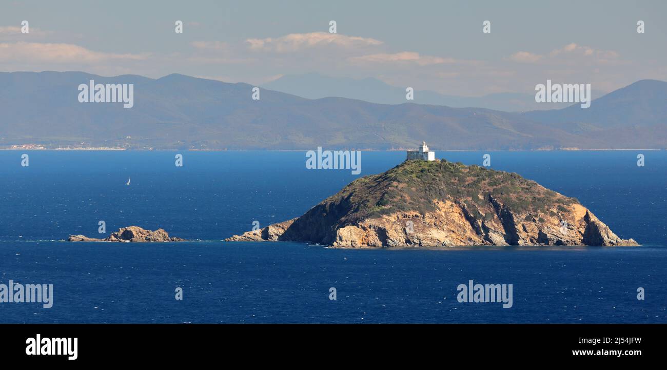 Isola Palmaiola nel Mediterraneo tra Piombino e Elba con faro Foto Stock