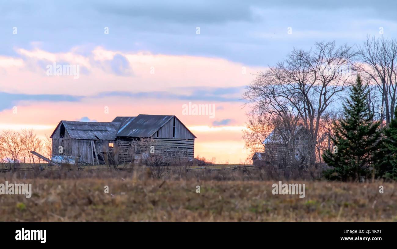 Una casa dall'aspetto spoky abbandonata si trova tranquillamente in un prato di campagna nella zona rurale di Ottawa, Canada Foto Stock