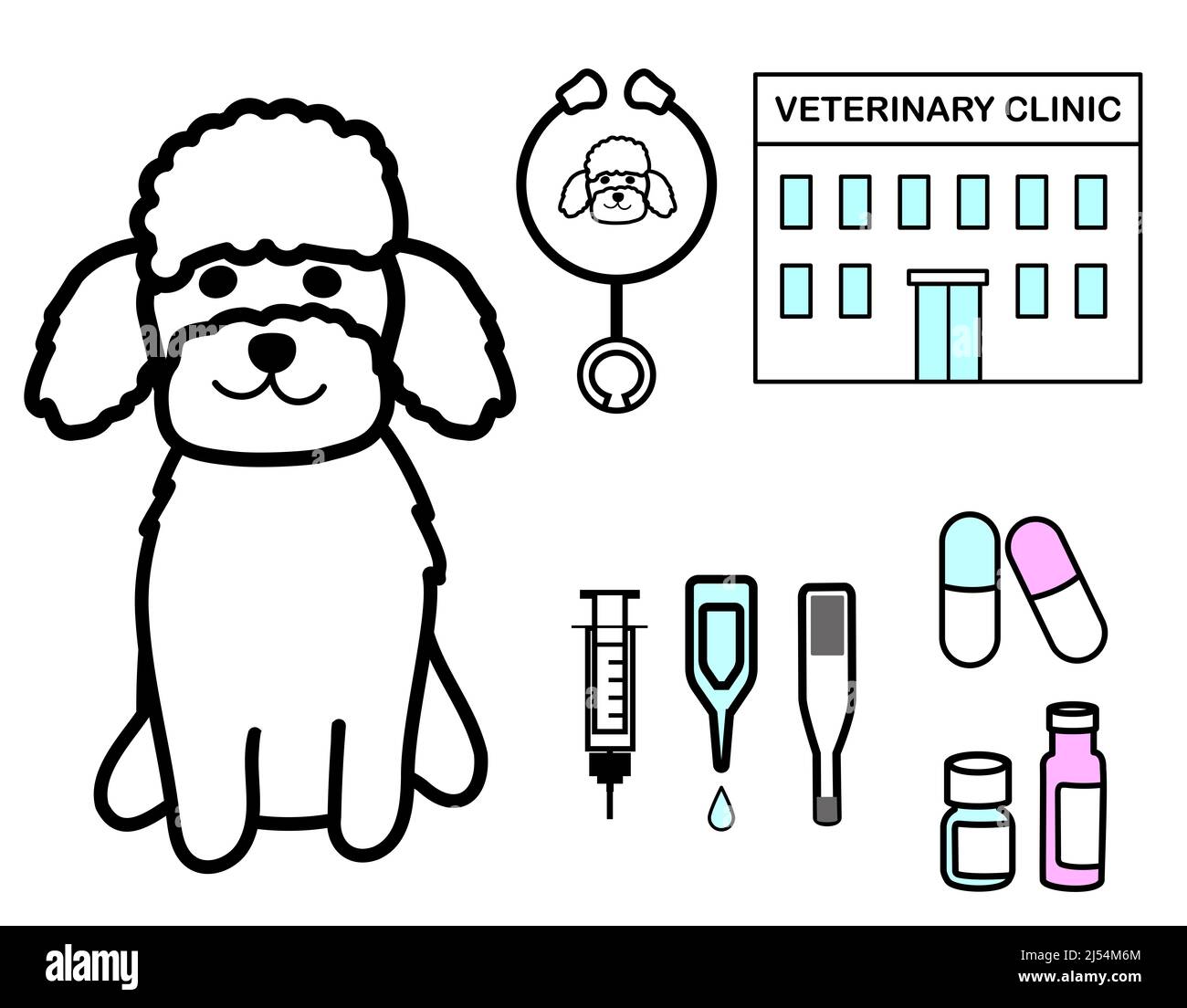 Una barbetta giocattolo con set di icone: Siringa, gocce, termometro, medicinali, stetoscopio, e clinica veterinaria Foto Stock