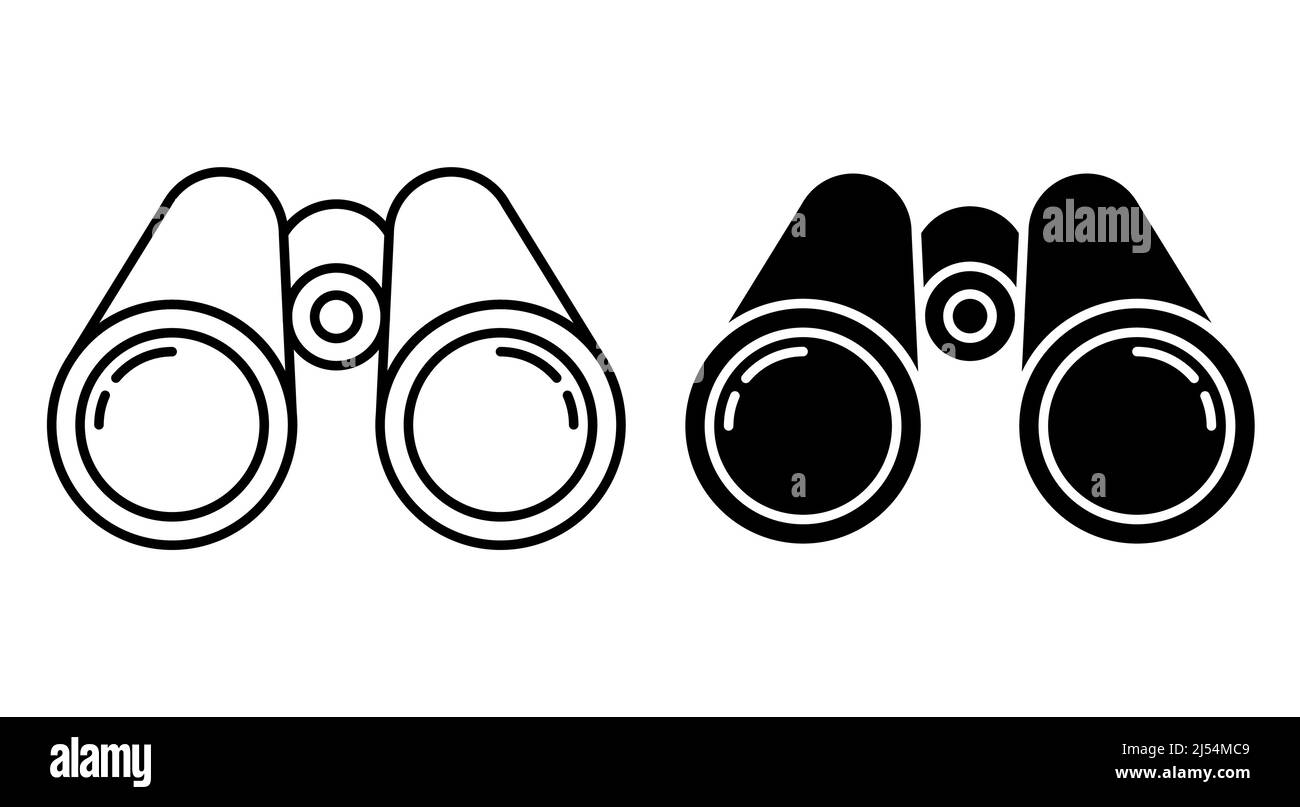 Icona lineare, binocolo guardare avanti. Ricerca oggetti nell'area. Semplice vettore bianco e nero isolato su sfondo bianco Illustrazione Vettoriale
