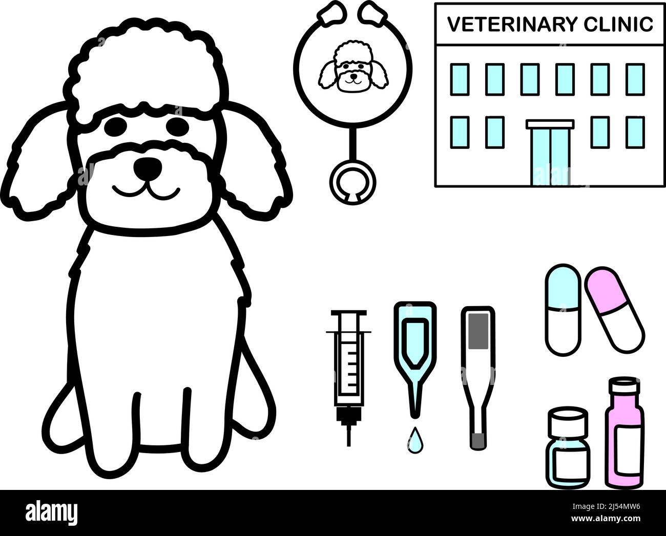 Una barbetta giocattolo con set di icone: Siringa, gocce, termometro, medicinali, stetoscopio, e clinica veterinaria Foto Stock
