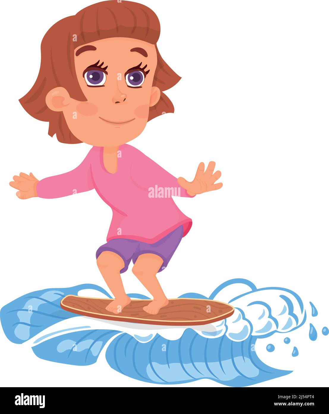 Ragazza surf su onda. Tavola da surf per bambini Illustrazione Vettoriale