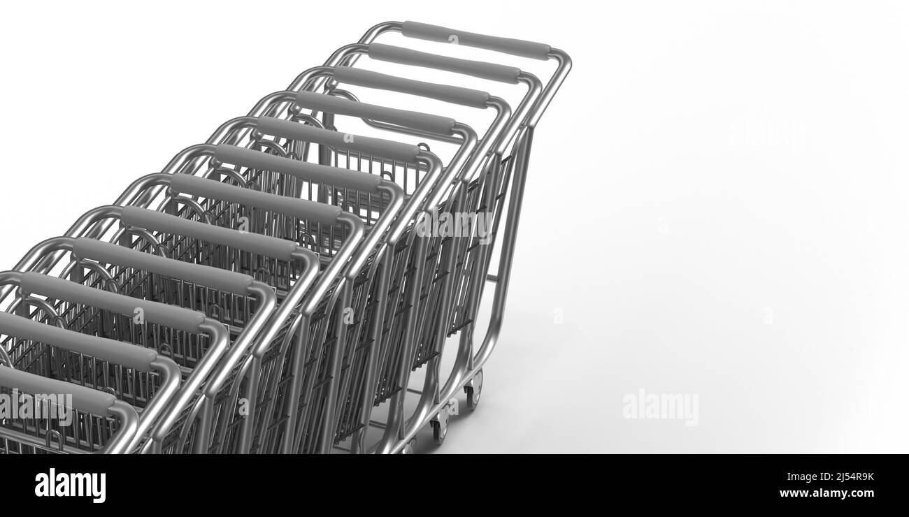 Carrello, servizio di consegna online. 3D reso vuoto supermercato spingere carrello su sfondo bianco spazio copia. Crisi finanziarie e aumento dell'inflazione Foto Stock