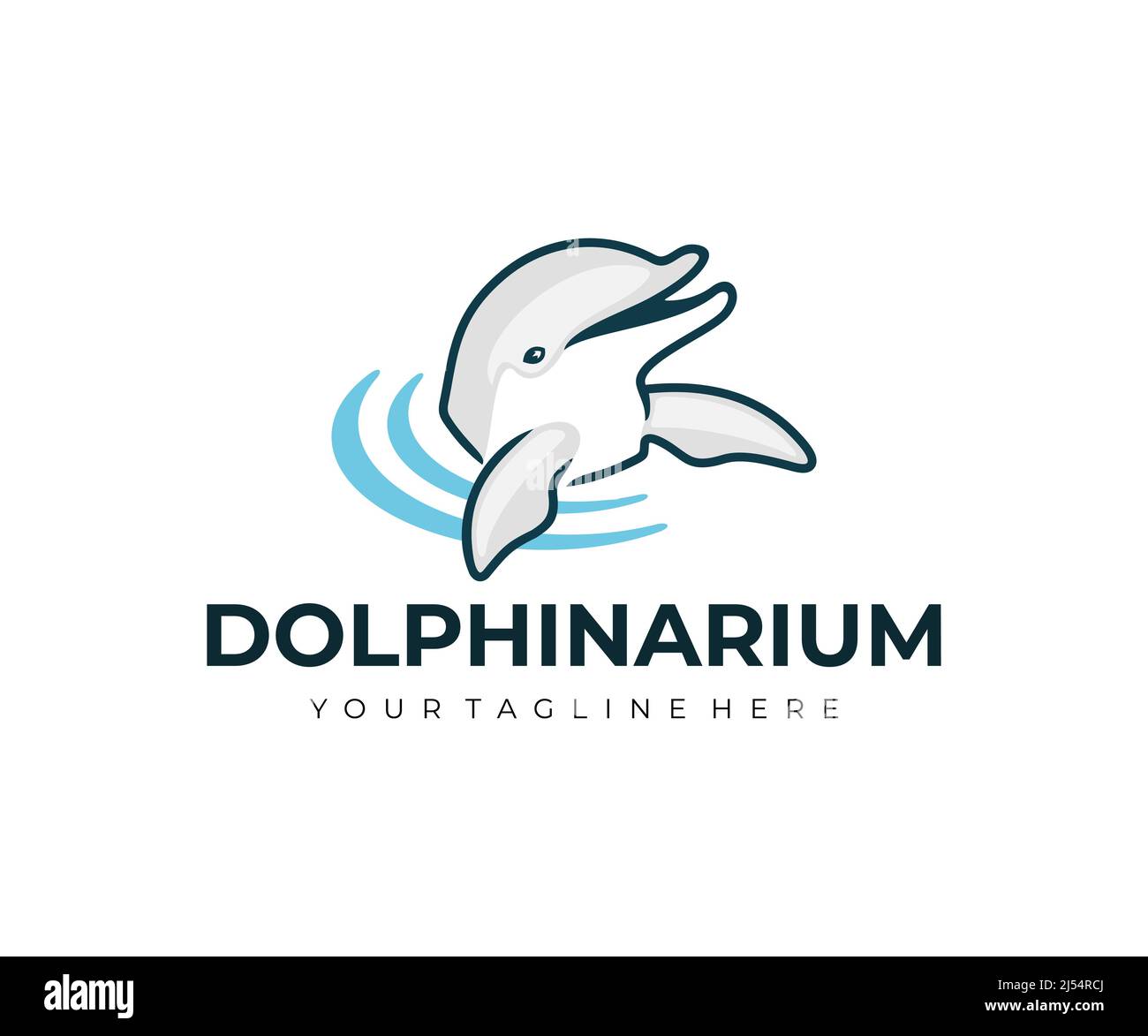 Delfinario, delfino in acqua e ondeggiandone le pinne, logo design. Animale, pesce, vita marina e mondo subacqueo, disegno vettoriale e illustrazione Illustrazione Vettoriale