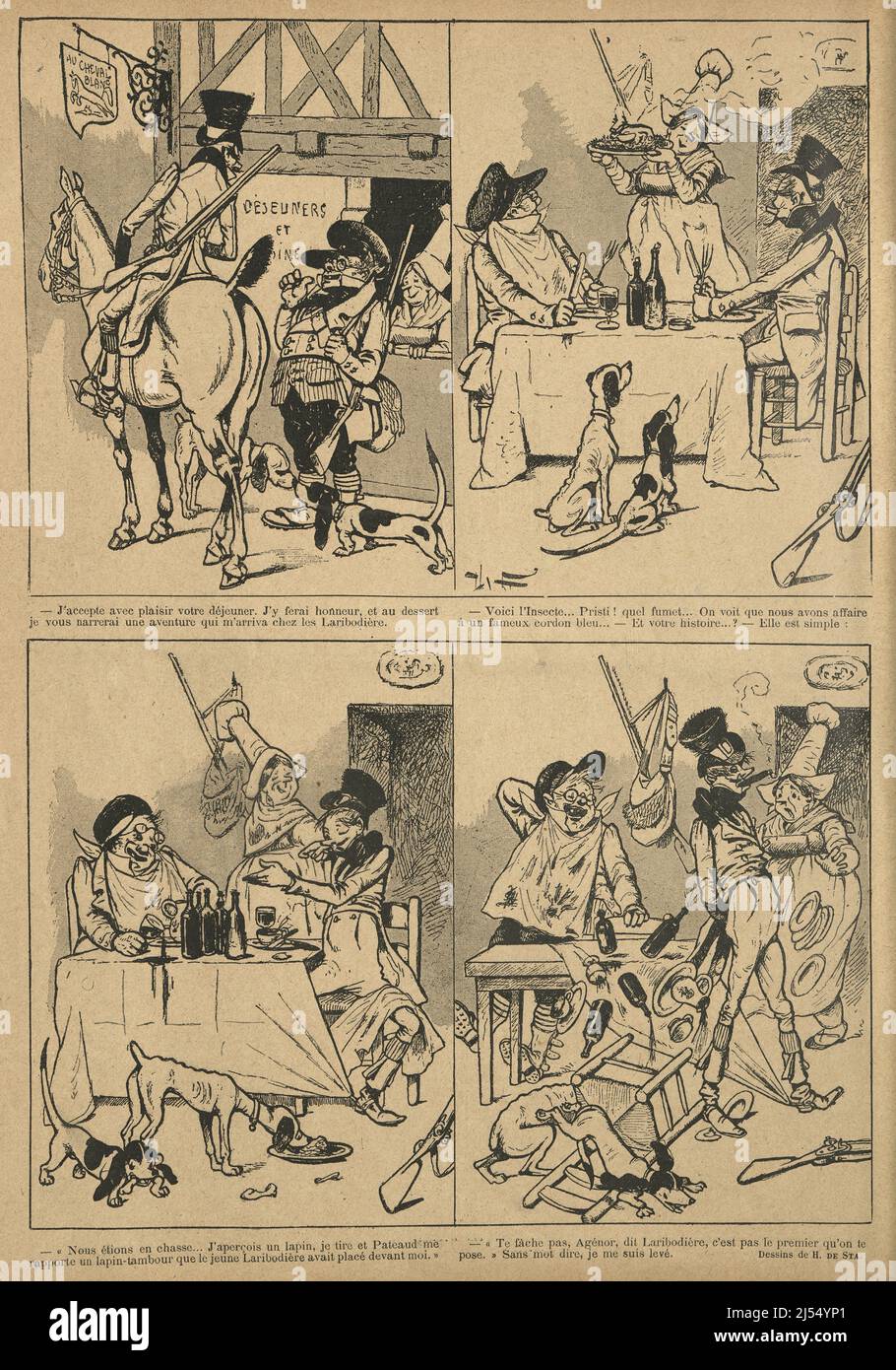 Illustrazione d'epoca fumetto fumetto francese, 19th secolo. I cacciatori bevuti pranzo Foto Stock