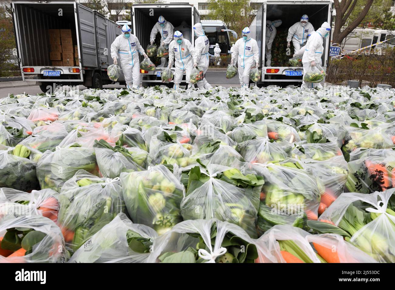 Xining, la provincia cinese di Qinghai. 20th Apr 2022. I membri del personale trasferiscono i pacchi di verdure gratuiti da consegnare ai residenti dai camion all'ingresso dell'area residenziale di Xinning nel distretto di Chengxi, Xining, provincia di Qinghai della Cina nord-occidentale, 20 aprile 2022. Dall'ultima rinascita del COVID-19 a Xining, la città ha rafforzato l'offerta di beni di vita per i residenti che vivono nelle aree di gestione chiuse. Credit: Fan Peishen/Xinhua/Alamy Live News Foto Stock